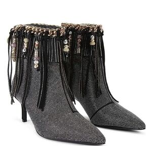 Kurt Geiger London Fringe Crystal Embellished Chain Hardware black ankle boots